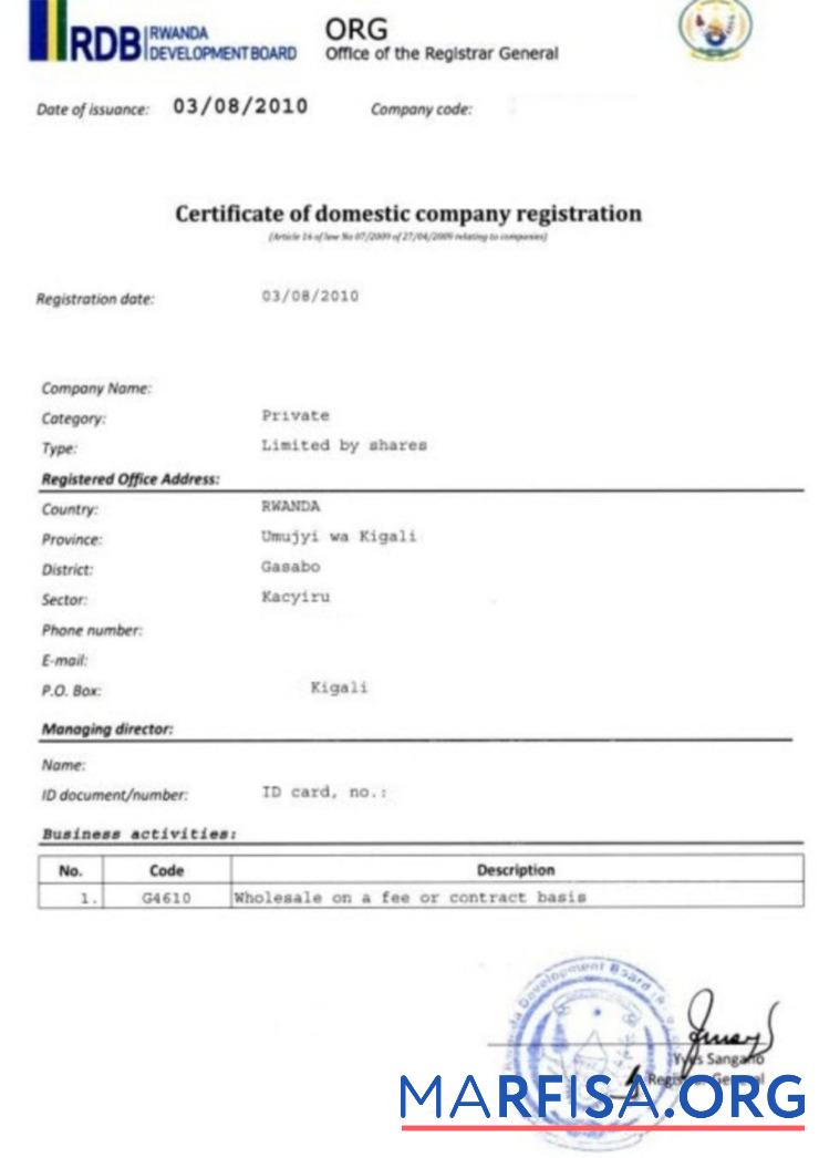 Downloadable Rwanda Certificate of domestic company registration template